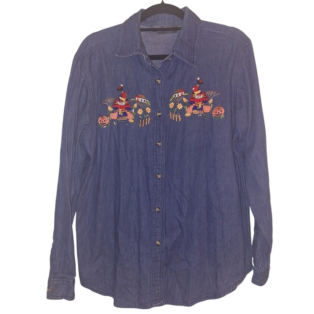 Denim Button Down Shirt Medium Blue Embroidered Scarecrow Fall Harvest Halloween